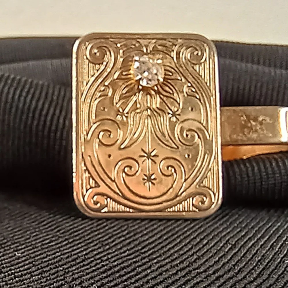 Cufflinks Tie Clip Set VTG MCM Etched Scrolls Stars Space Age Gold Tone Crystal